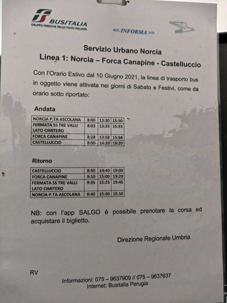 Orario BusItalia Navetta Castelluccio estivo valido nel weekend a partire dal 10 giugno 2021